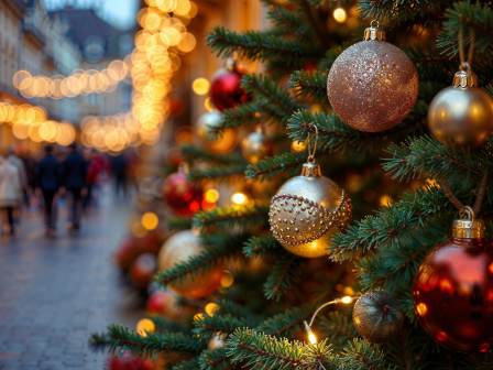 Sparkly Christmas tree ornaments hang from green branches with warm holiday lights and blurred street lights in the background.